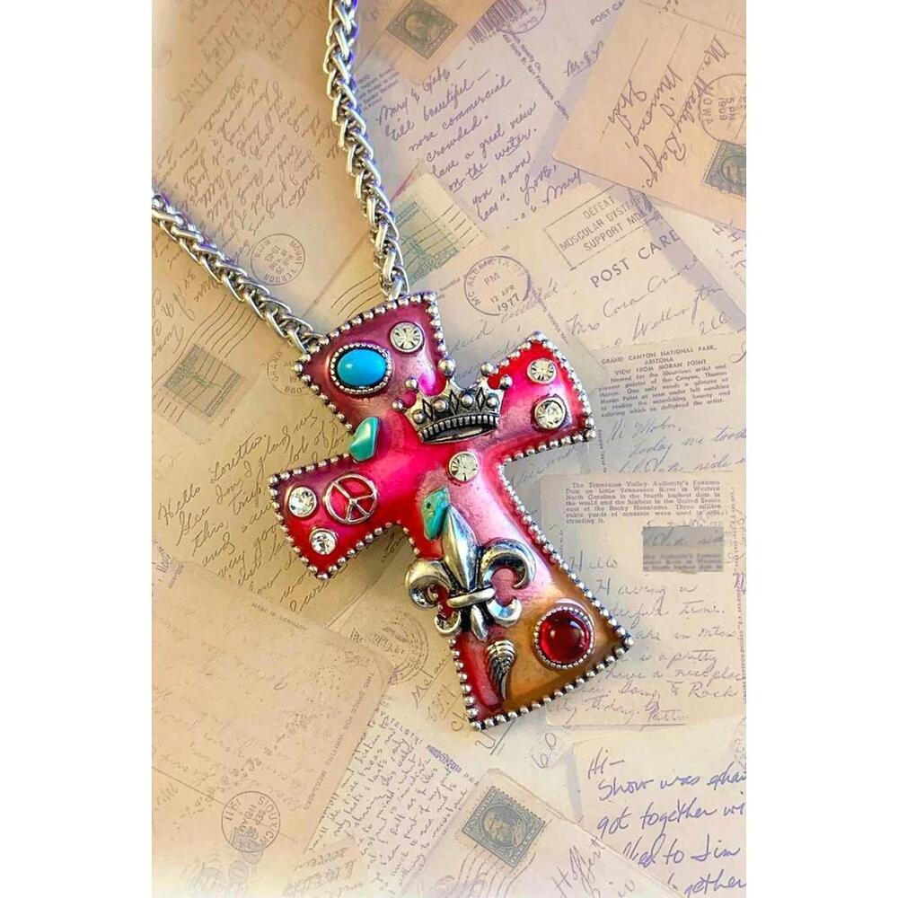 Pink Ombre Enamel Cross Pendant Necklace Crown Fleur De Lis Charms Boho Jewelry